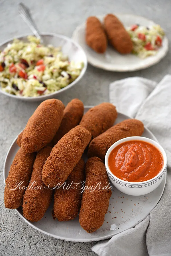 Kartoffelkroketten mit Möhren, Mais und Erbsen Kartoffelkroketten mit Möhren, Mais und Erbsen